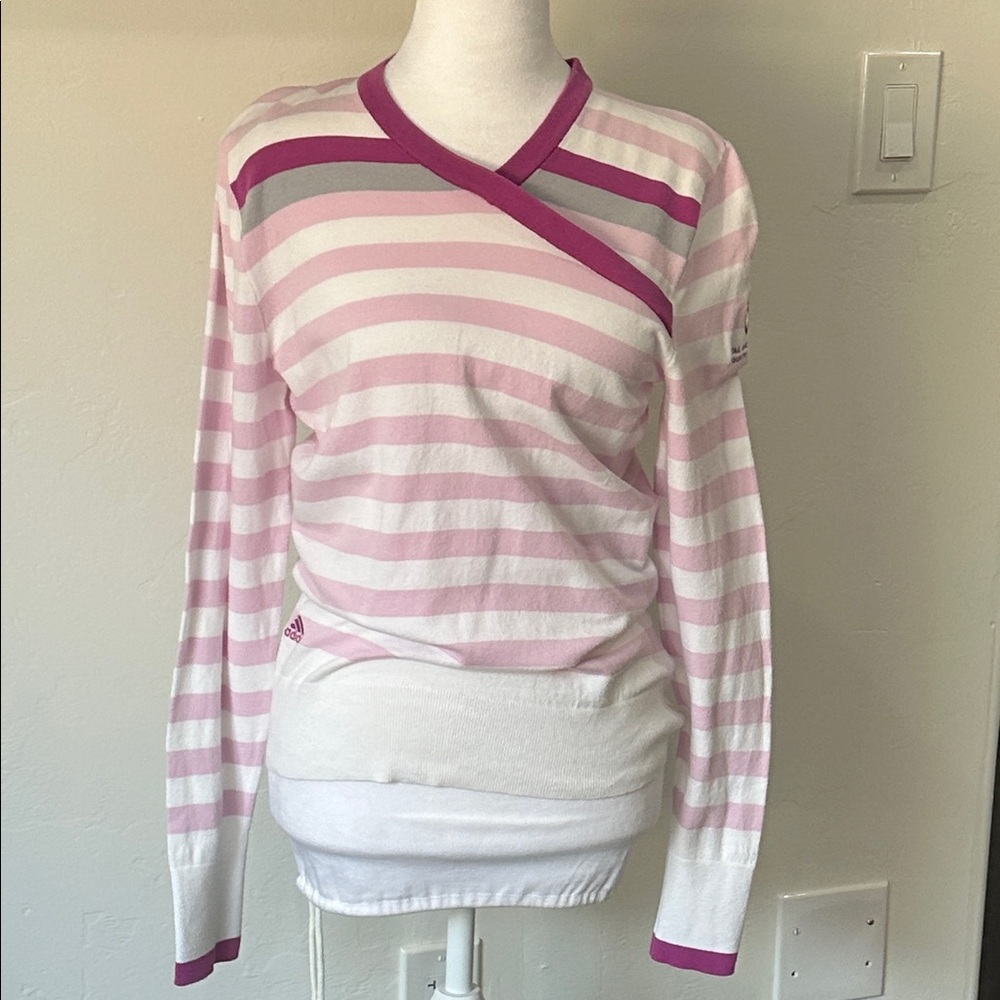 Adidas Pink and White Striped Long Sleeve Top